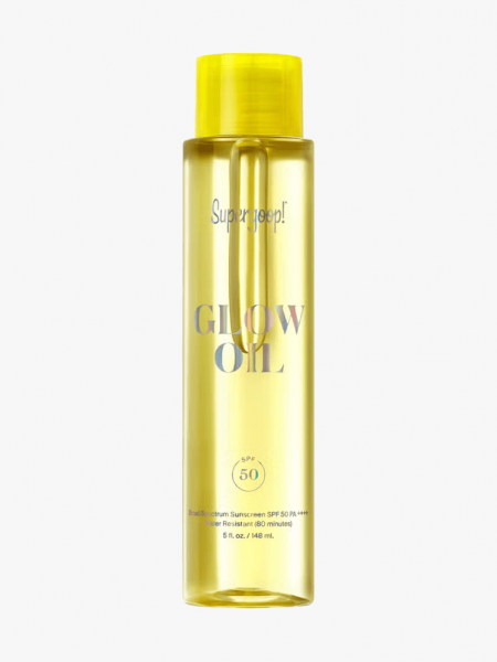 Supergoop! Glow Oil SPF 50 Dry Body Oil Sunscreen in branded component on a light gray background