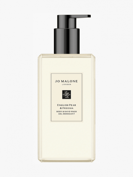 Jo Malone London™ Jumbo English Pear & Freesia Body & Hand Wash in branded bottle component with black cap on a light gray background