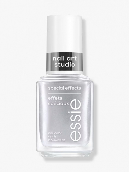 Silver nail polish in a clear bottle with a white cap. 