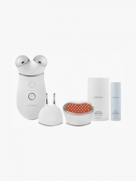 NuFACE® Trinity+ Complete Microcurrent & Red Light Facial Toning Device Set in white branded components on a light gray background