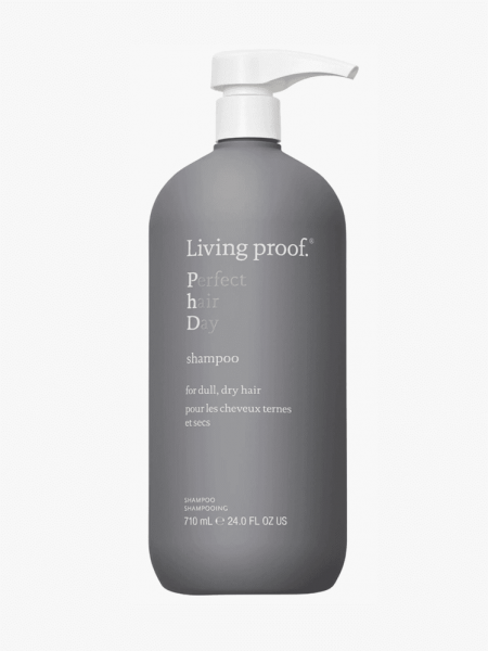 Living Proof® Jumbo Perfect hair Day™ Shampoo in branded gray bottle component on a light gray background