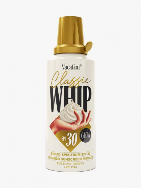  Vacation Classic Whip SPF 30 Glow whipped cream sunscreen can on gray background