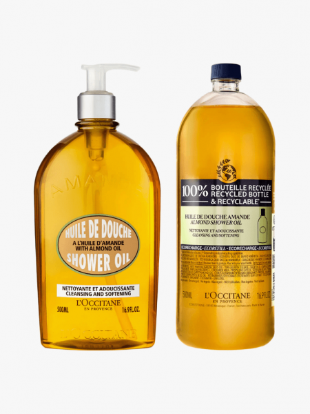 L'Occitane Showered in Almond Set in branded bottle components on a light gray background