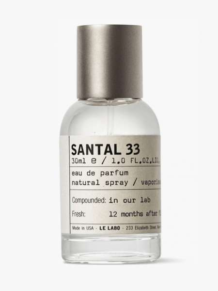 Le Labo Santal 33 Eau de Parfum in branded component on a light gray background