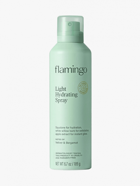 Flamingo Light Hydrating Spray in branded component on a light gray background