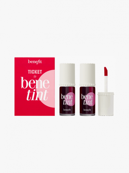 Benefit Cosmetics Ticket to Benetint Liquid Lip Blush & Cheek Tint Duo in branded components with white tops on a light gray background