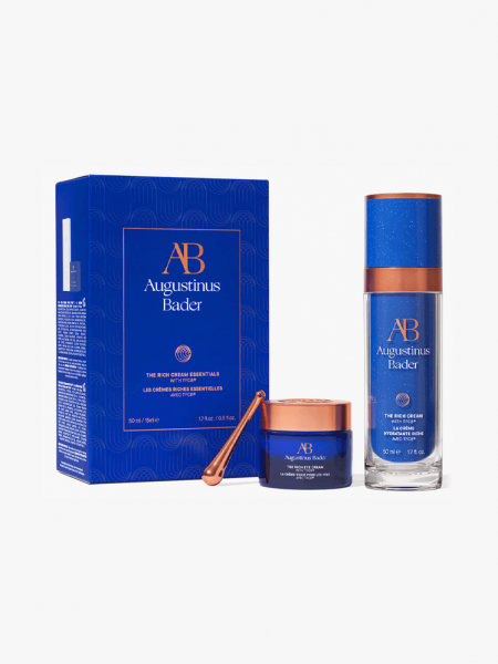 Augustinus Bader The Rich Cream Essentials Set in blue branded components on a light gray background