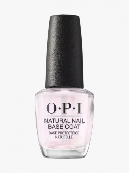 Clear nail polish bottle with a black top and black text.