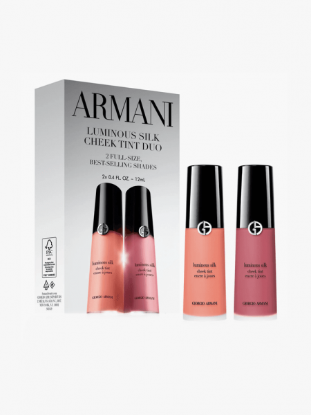 Armani Beauty Luminous Silk Cheek Tint Duo in branded components with black caps on a light gray background