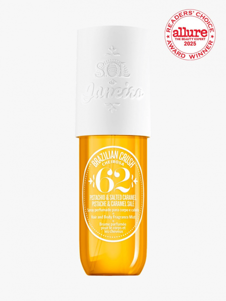 Sol de Janeiro Cheirosa '62 Perfume Mist in branded component on a light gray background with the readers choice awards 2025 seal in the top right corner