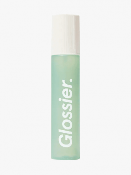Glossier Body Spritz in branded component on a light gray background