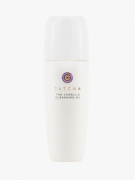 Tatcha Pure One Step Camellia Cleansing Oil white bottle with white top on light grey background