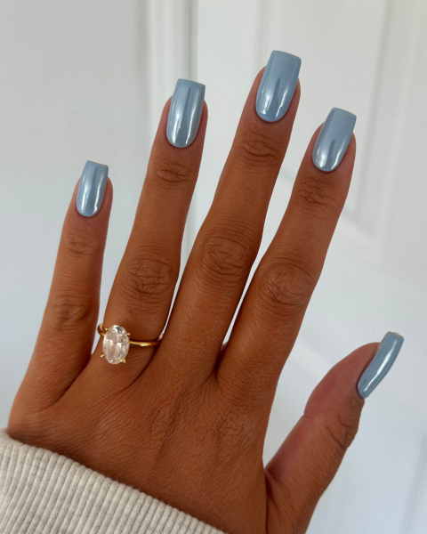 Baby blue squarecut metallic nails.
