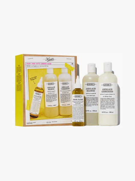 Kiehl's Since 1851 Hair Trio with Amino Acid Gift Set in branded bottle components with white caps on a light gray background