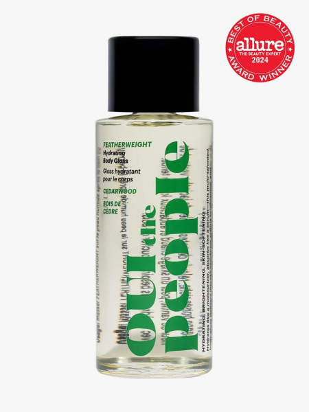 Oui the People Featherweight Hydrating Body Gloss branded bottle component with black cap and green accents on a light gray background with red Allure Best of Beauty seal in the top right corner