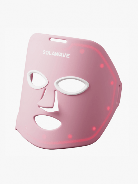SolaWave Wrinkle Retreat Light Therapy Face Mask in pink branded component on a light gray background