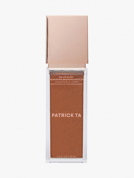Patrick Ta Major Glow Nourishing Bronzing Body Oil rectangle bottle of bronze body shimmer oil with rose gold cap on light gray background