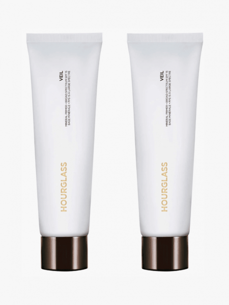 Hourglass Veil Mineral Primer Duo in branded tube components on a light gray background