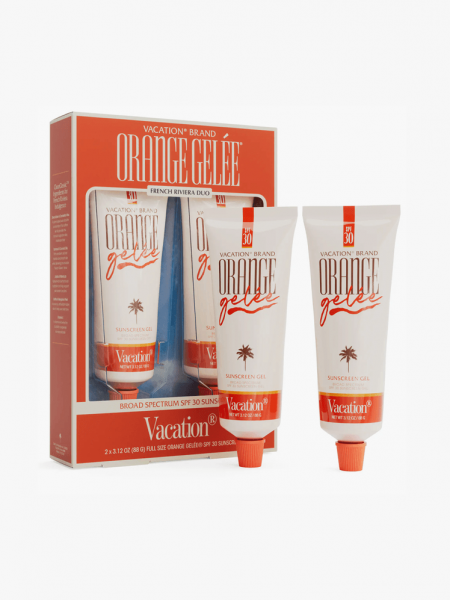 Vacation French Riviera Orange Gelée SPF 30 Sunscreen Gel Duo in branded tube components on a light gray background