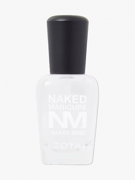 Clear nail polish bottle with black cap and white text.