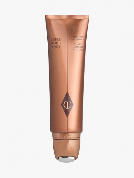 Charlotte Tilbury Supermodel Body Shimmer Highlight Lotion rose gold tube on light gray background
