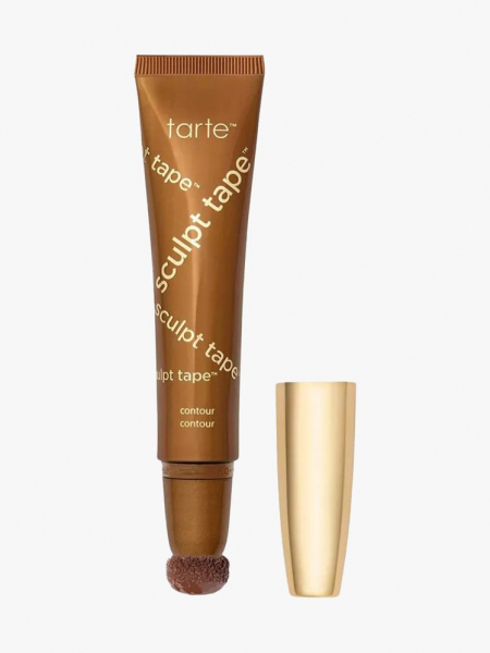 Tarte Sculpt Tape Contour bronze tube with puff top applicator and gold cap to the side on light gray background