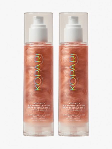 Kopari Rose Gold Sun Shield SPF 45 Duo in branded component on a light gray background