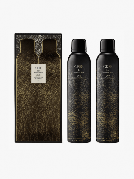 Oribe Dry Texturizing Spray Duo in branded components on a light gray background