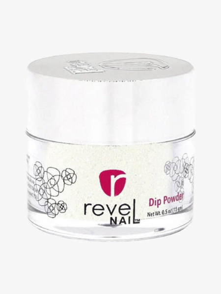 Round container with shimmery white nail powder. 
